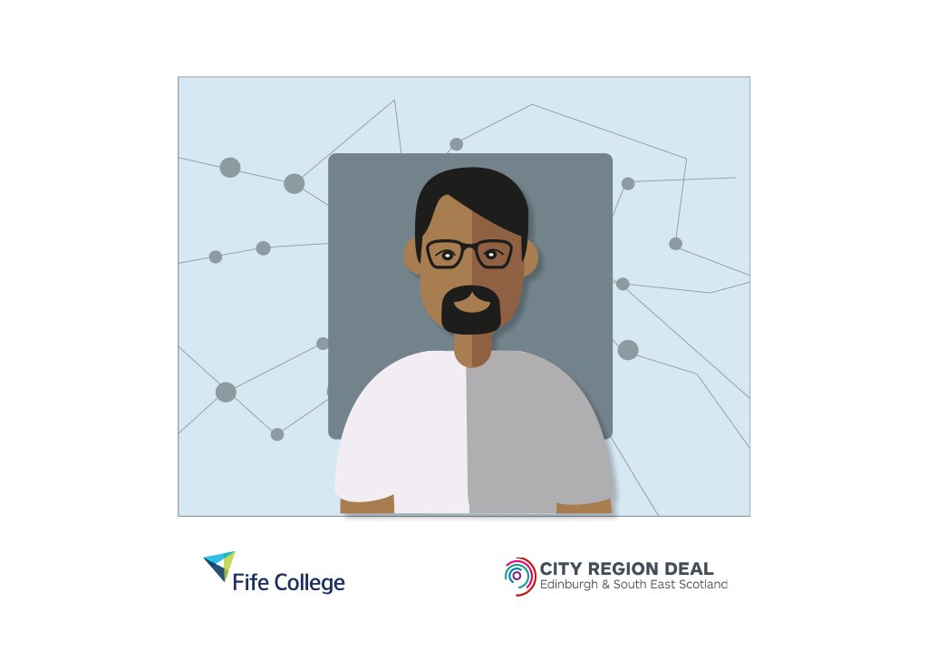 cartoon man with glasses in white tshirt with blue background and fife college logo and city region deal logo