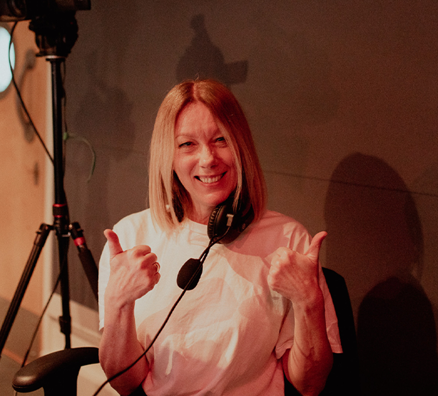 female student in recording studio