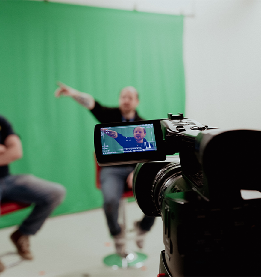 screen production interview set up with green screen and camera