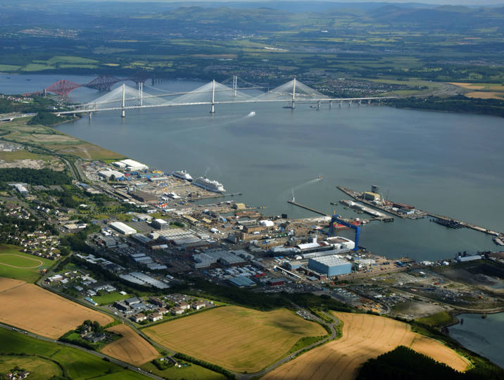 Rosyth campus from aerial viewpoint with forth bridges in background